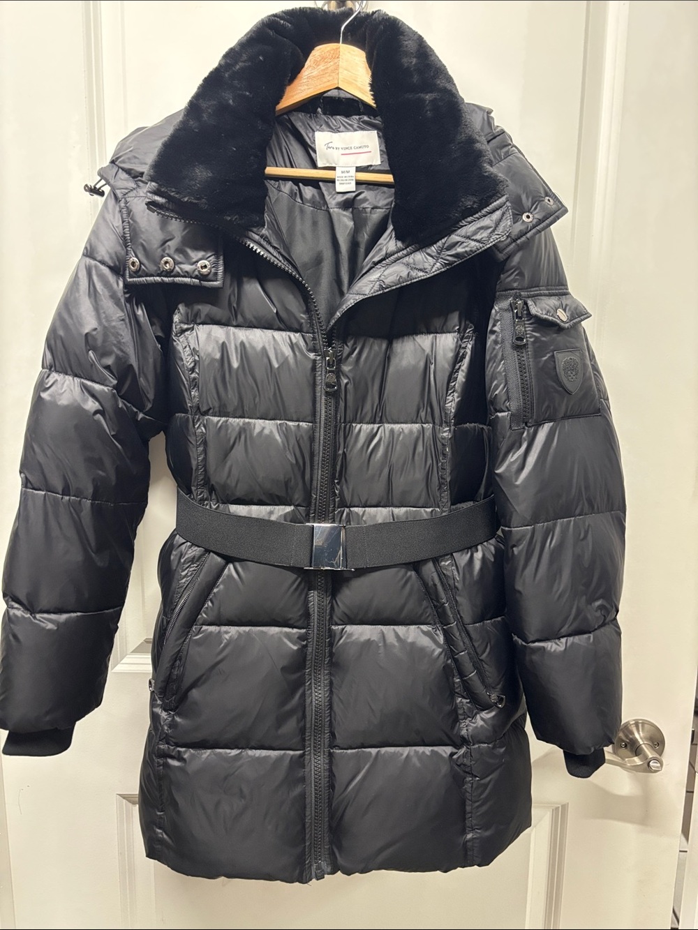 Women’s Vince Camuto Black Quilted Belted Puffer Coat